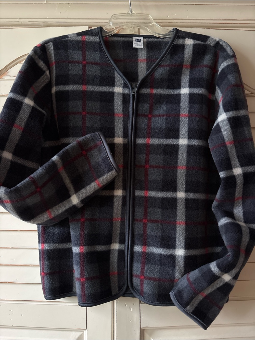 GAP Plaid Fleece Zip Jacket in Charcoal, White & Red Accents